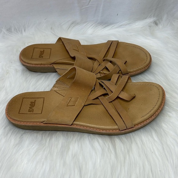 Teva Encanta Like New Tan Leather  Strappy Thong Slide Sandals Sz 10 - Picture 5 of 7